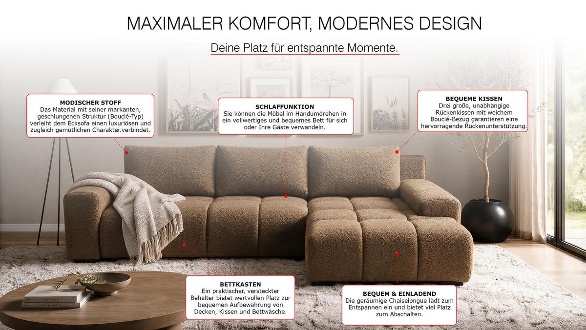 ECKSOFA Ovia mit Bettkasten und Schlaffunktion, Bouclé-Stoff in L-Form - Braun, Textil (270/185cm)