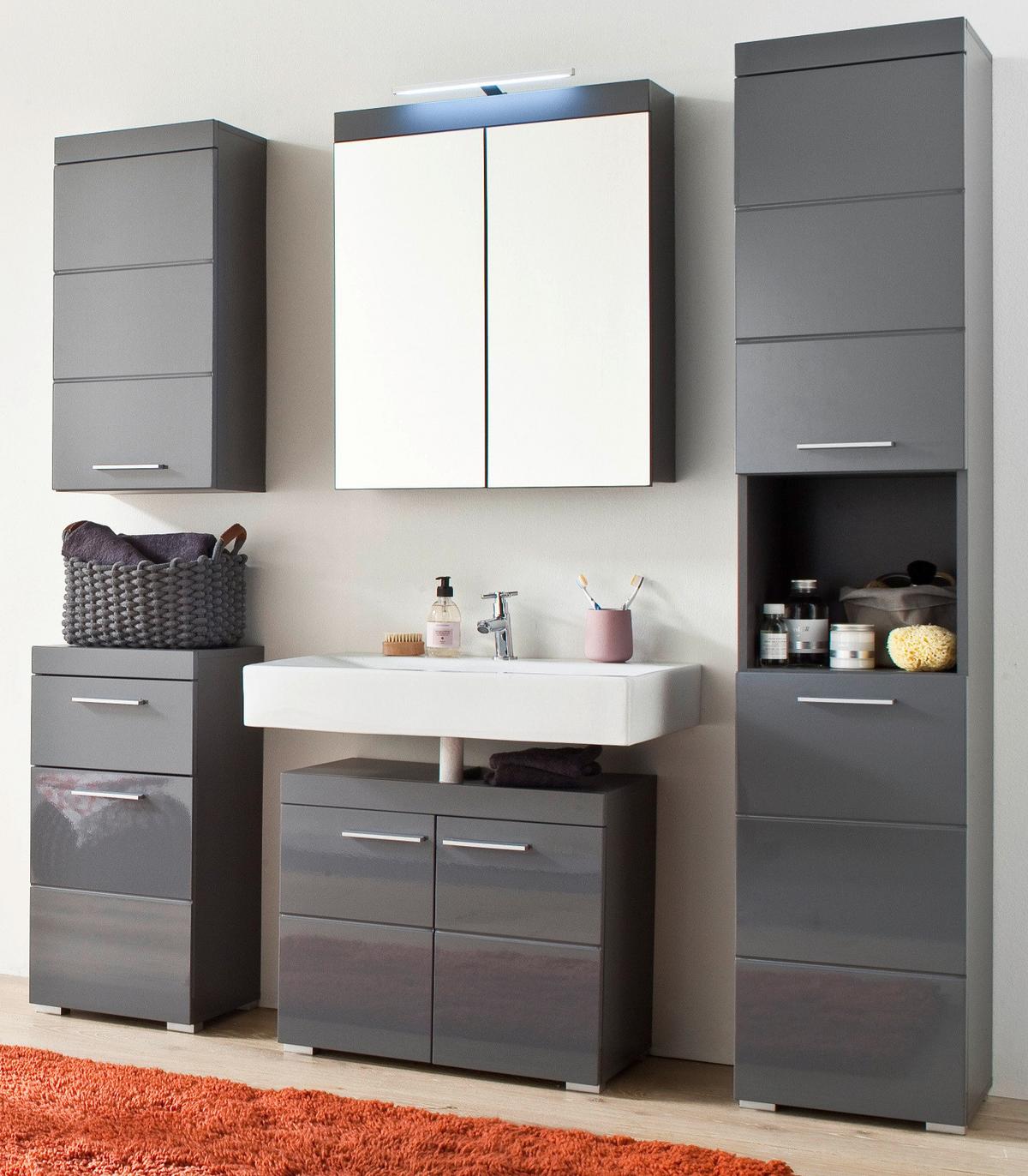 SPIEGELSCHRANK grau Hochglanz 60 x 77 cm 2-türig, inklusive Beleuchtung - Grau, Glas/Holzwerkstoff (60/77/17cm) - Top.Furn