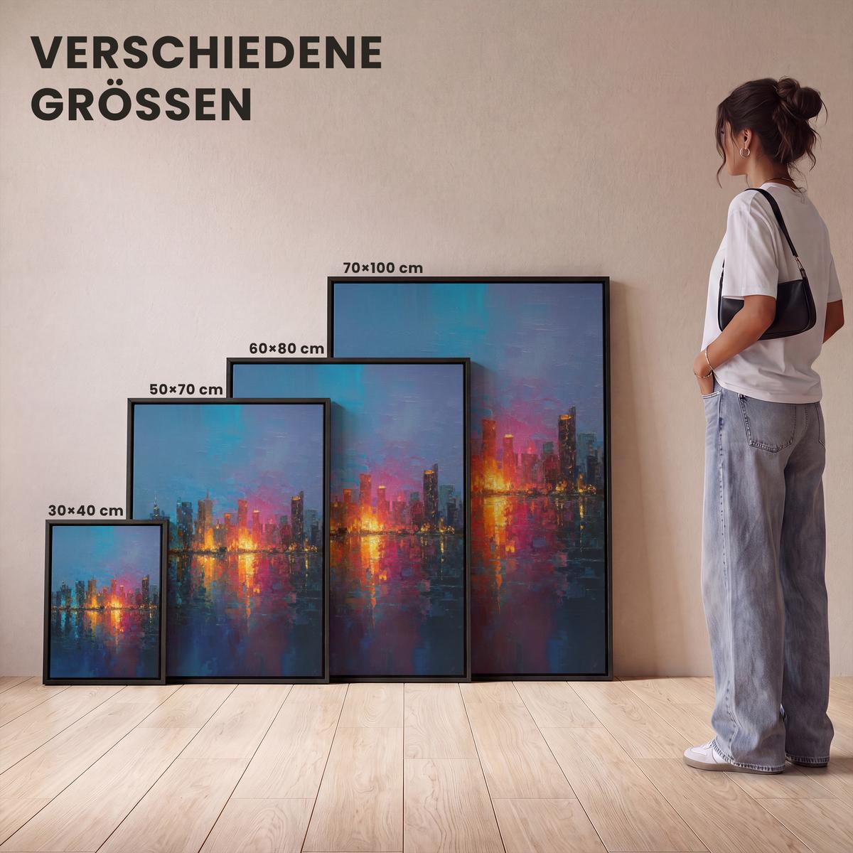 LEINWAND Bilder mit Rahmen - Skyline - Pinselstriche - Dunkelblau - Leuchtend - 60x80 - Blau, Textil (60/80cm) - MuchoWow
