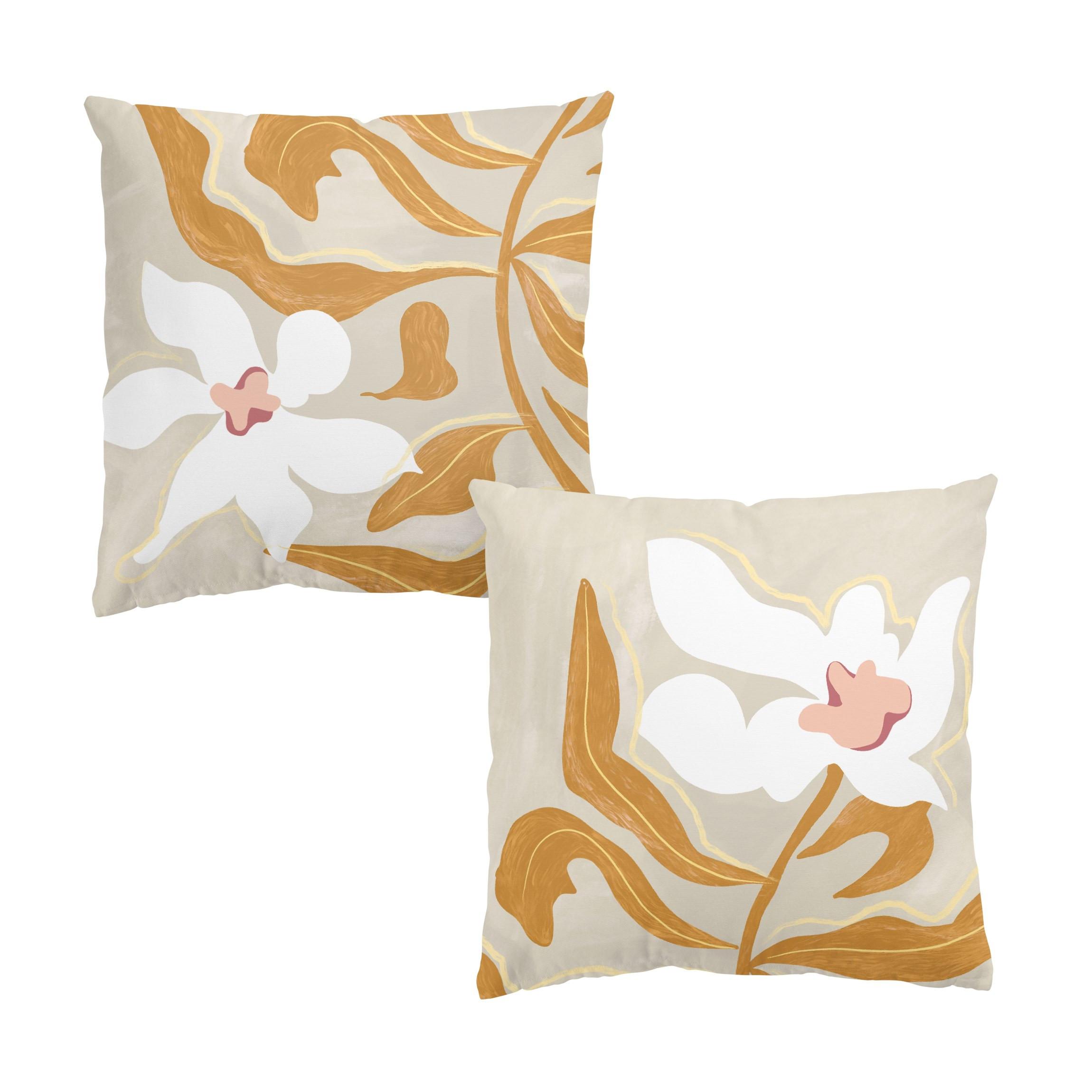 DEKOKISSEN 2er-Set Weiße Blüten mit gelben Blättern Duo 50/50 cm - Beige, Textil (50/50cm) - Bilderwelten
