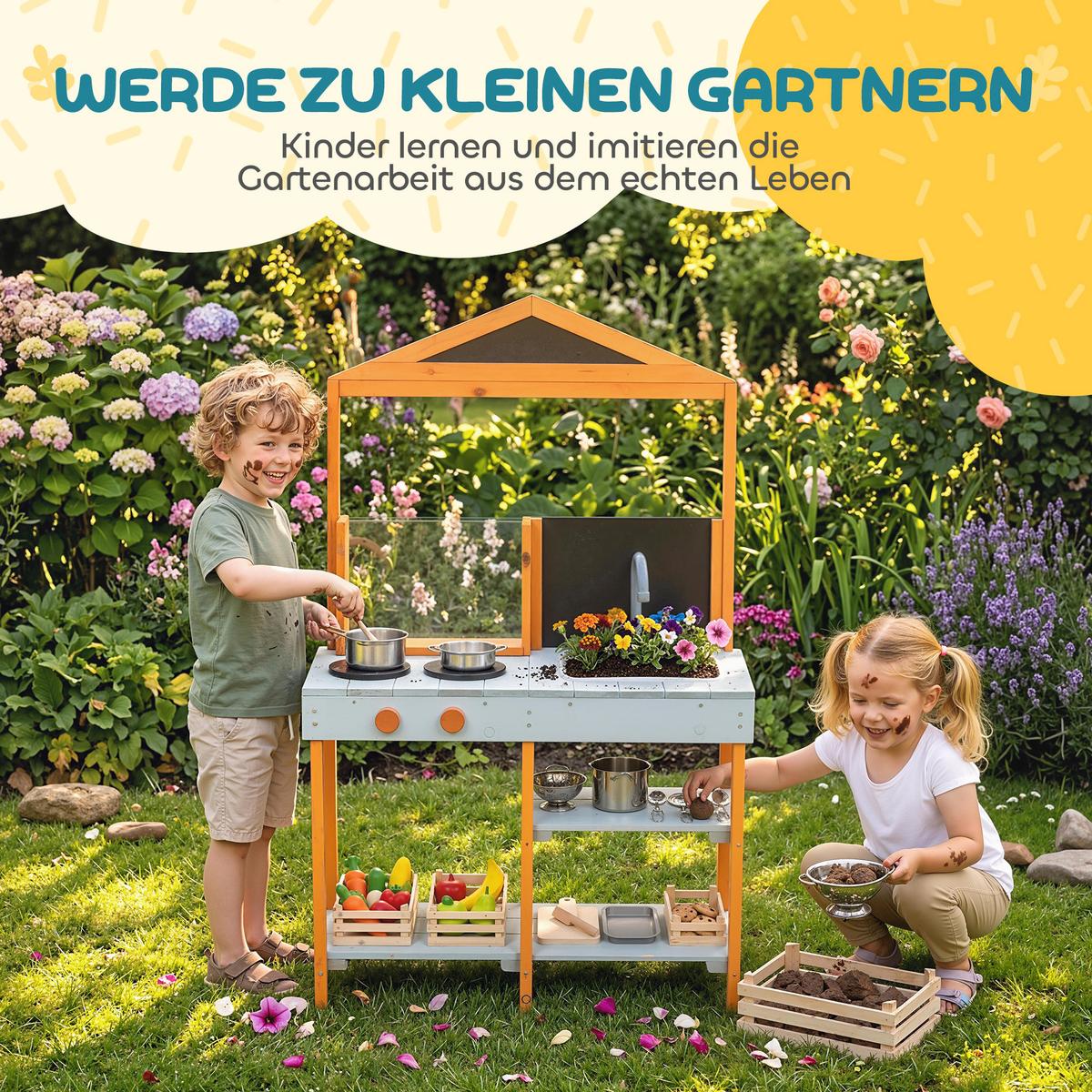 OUTDOOR-KINDER-MATSCHKÜCHE Tannenholz Edelstahl Hellblau - Hellblau, Holz (33.5/69cm) - AIYAPLAY