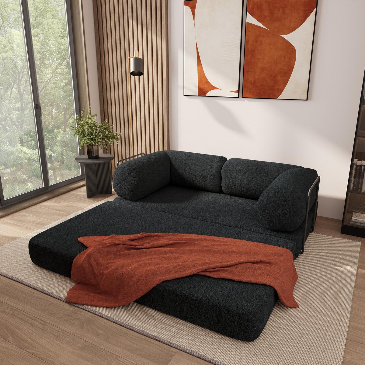 BETTSOFA EIREN aus Schaumstoff Bucle-Stoff Schwarz Schlaffunktion - Schwarz, Textil (170/68/80cm) - MASSENO