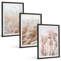 BILDER SET 3er Set - 40x60 cm Schwarzer Rahmen - Grasflächen in Braun- und Beigetönen - Schwarz, Kunststoff (40/60cm) - TULUP