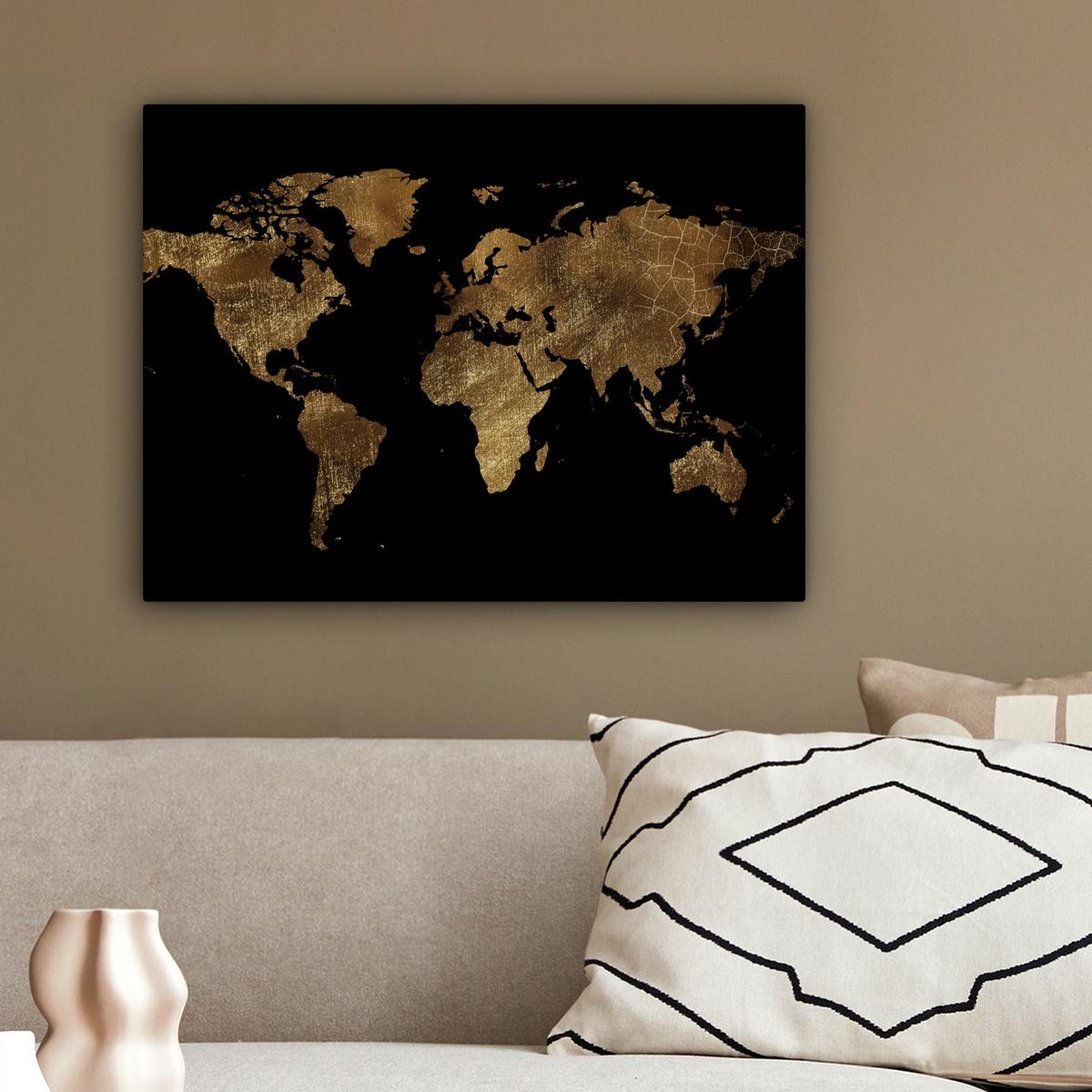 LEINWANDBILD Weltkarte - Gold - Luxus - Erde - Schwarz Wandbild 40x30 cm - Goldfarben, Textil (40/30cm) - MuchoWow