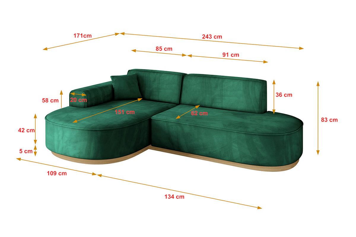ECKSOFA Ottomane Links MARI-L1-v2 - 243x171x83 cm Grün Velours - Grün, Holzwerkstoff/Textil (243/171cm) - ALTDECOR