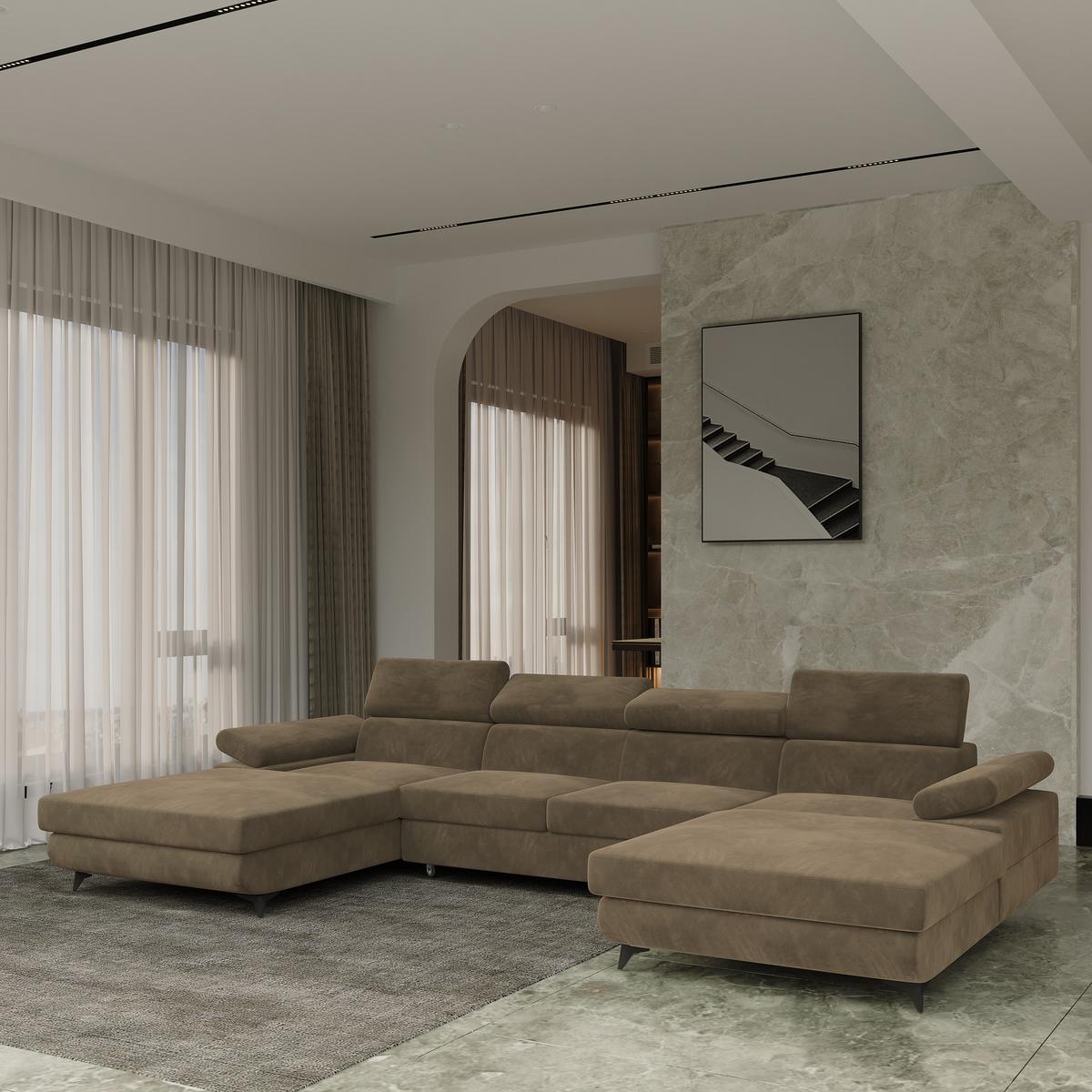 WOHNLANDSCHAFT DETTI Beige Velours-Stoff mit Schlaffunktion - Beige, Holz (339/89/190cm) - MASSENO