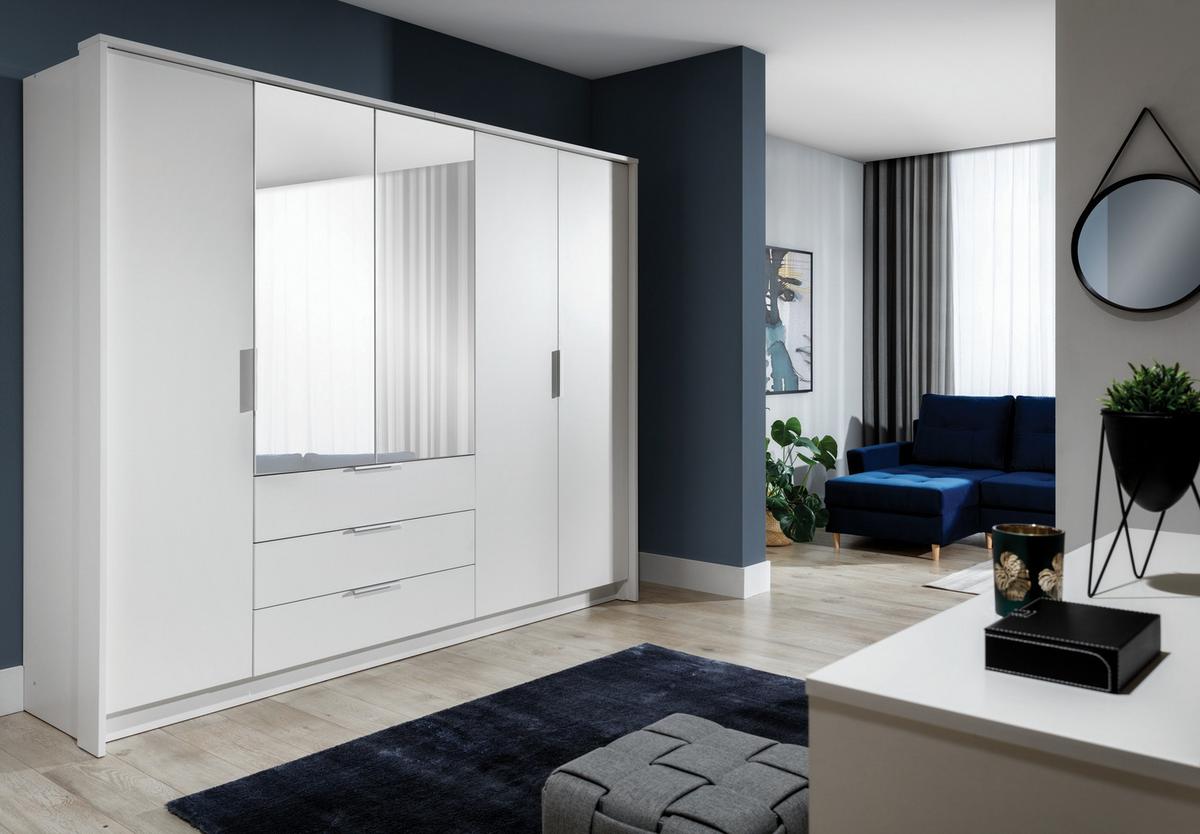 DREHTÜRENSCHRANK RAMMUS 255/217/65 cm 5-türig mit Spiegel Weiß - Weiß, Holzwerkstoff (255/217/65cm) - MASSENO