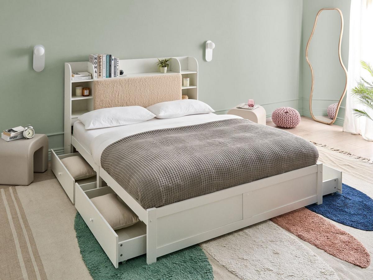 BETT mit Schubladen 160/200 cm MDF-Platte Weiß Bizou - Weiß, Holzwerkstoff (160/200cm) - Beliani
