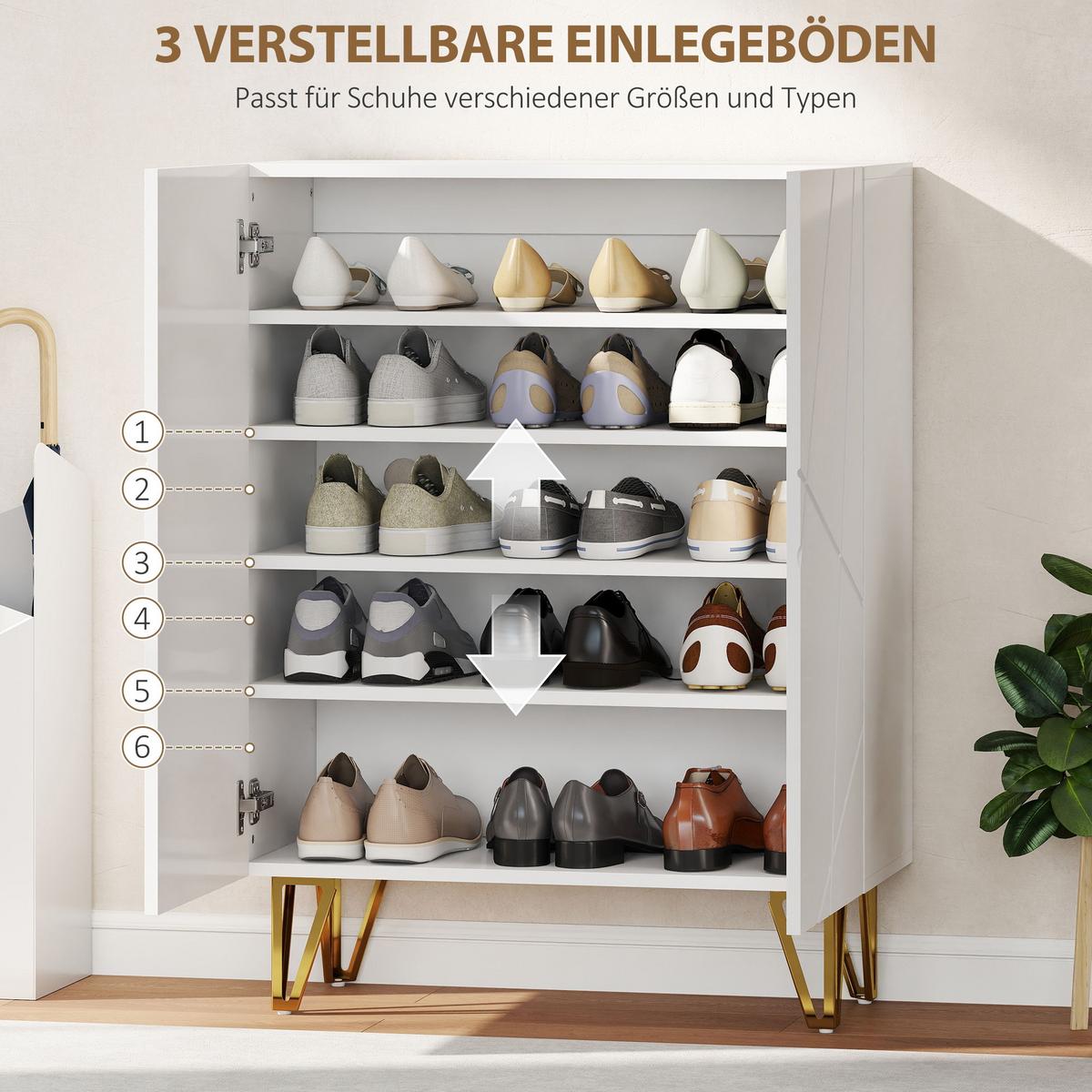 SCHUHSCHRANK mit 2 Türen, Schuhregal, Schuhaufbewahrung mit 4 Ablagen Weiß - Weiß Hochglanz/Goldfarben, Holzwerkstoff/Metall (31.5/95/72cm) - HOMCOM