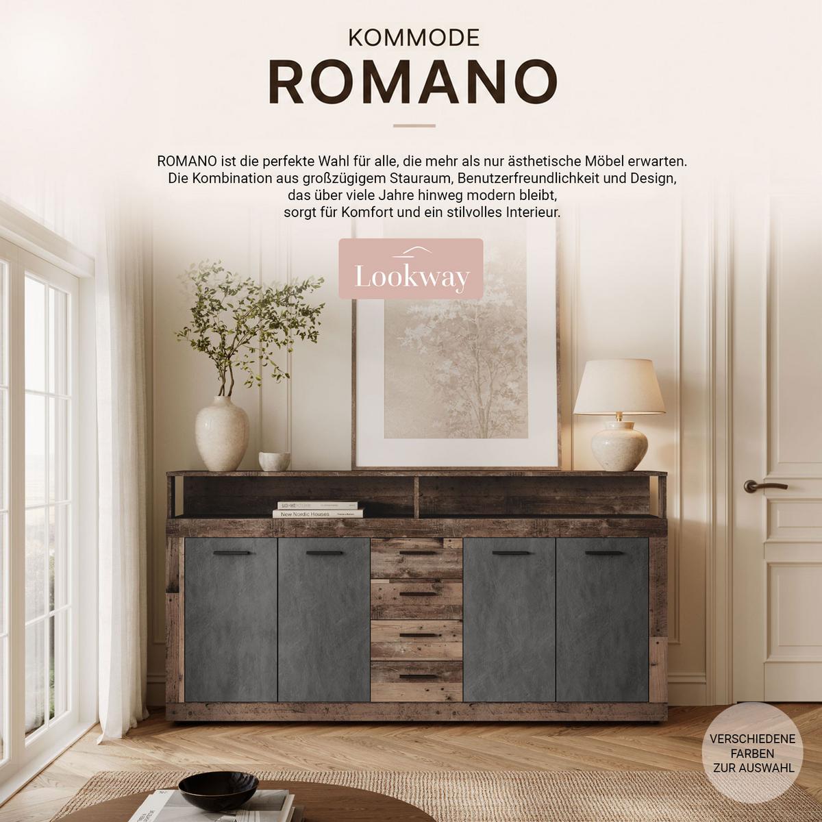 KOMMODE ROMANO mit Schubladen - Taupe/Dunkelbraun, Holzwerkstoff (190/96/32cm) - Lookway