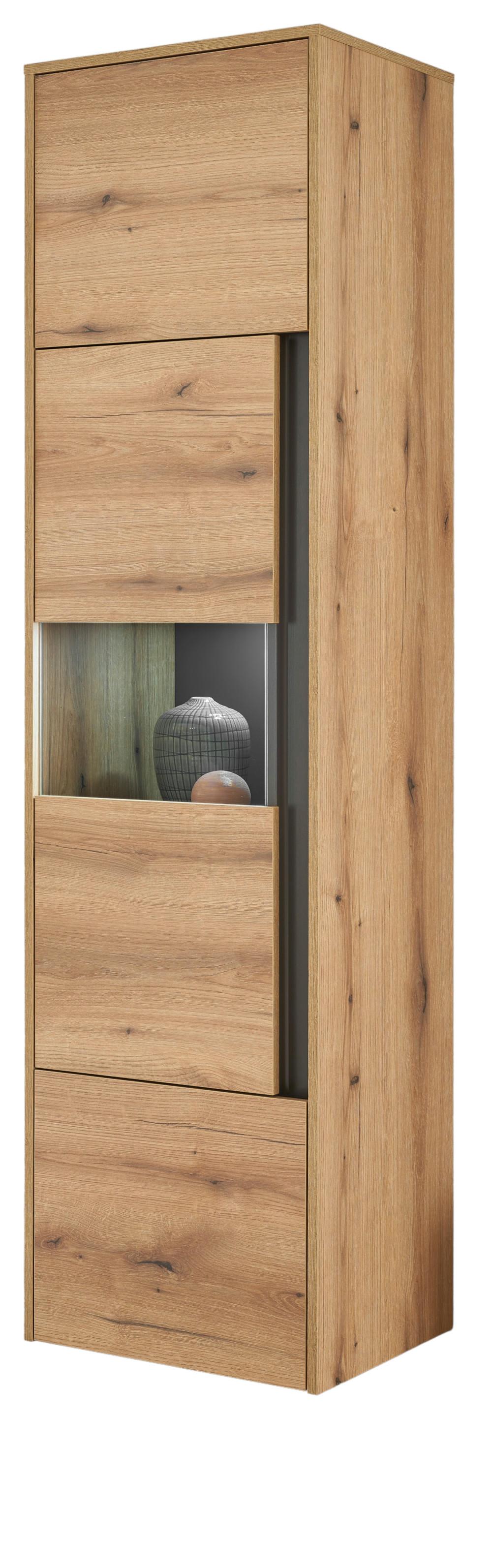 VITRINE Eiche Evoke 50 x 197 cm, Vitrinenschrank 3-türig mit 5 Fächern - Eichefarben/Schwarz, Glas/Holzwerkstoff (50/197/40cm) - Furn.Design