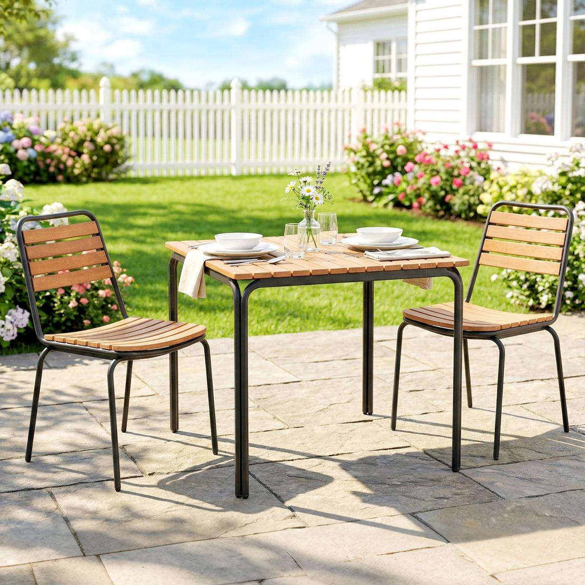 STAPELSTUHL 2er Set Stahl Eukalyptusholz Natur - Eukalyptusholzfarben/Schwarz, Metall (47/81/61cm) - Outsunny