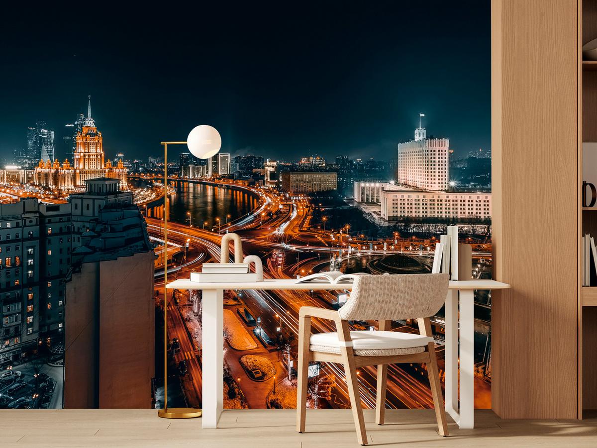 FOTOTAPETE für Wohnzimmer Moskau Nacht Panorama Metropole Straßen 100x70 - Beige/Schwarz, Papier (100/70cm) - Muralo