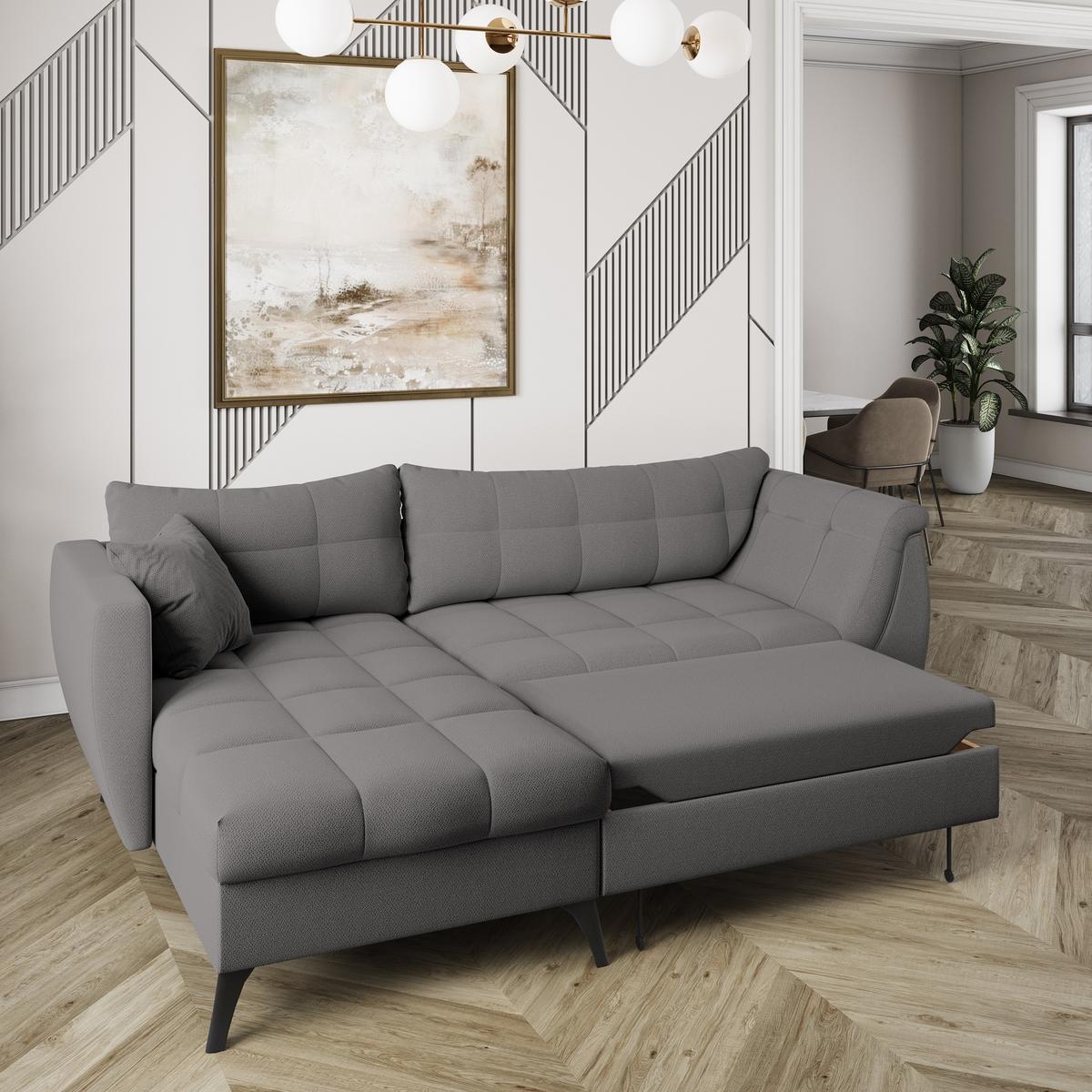 ECKSOFA MOLLIS Grau Geflochtener-Stoff mit Schlaffunktion - Grau, Holz (241/154cm) - MASSENO