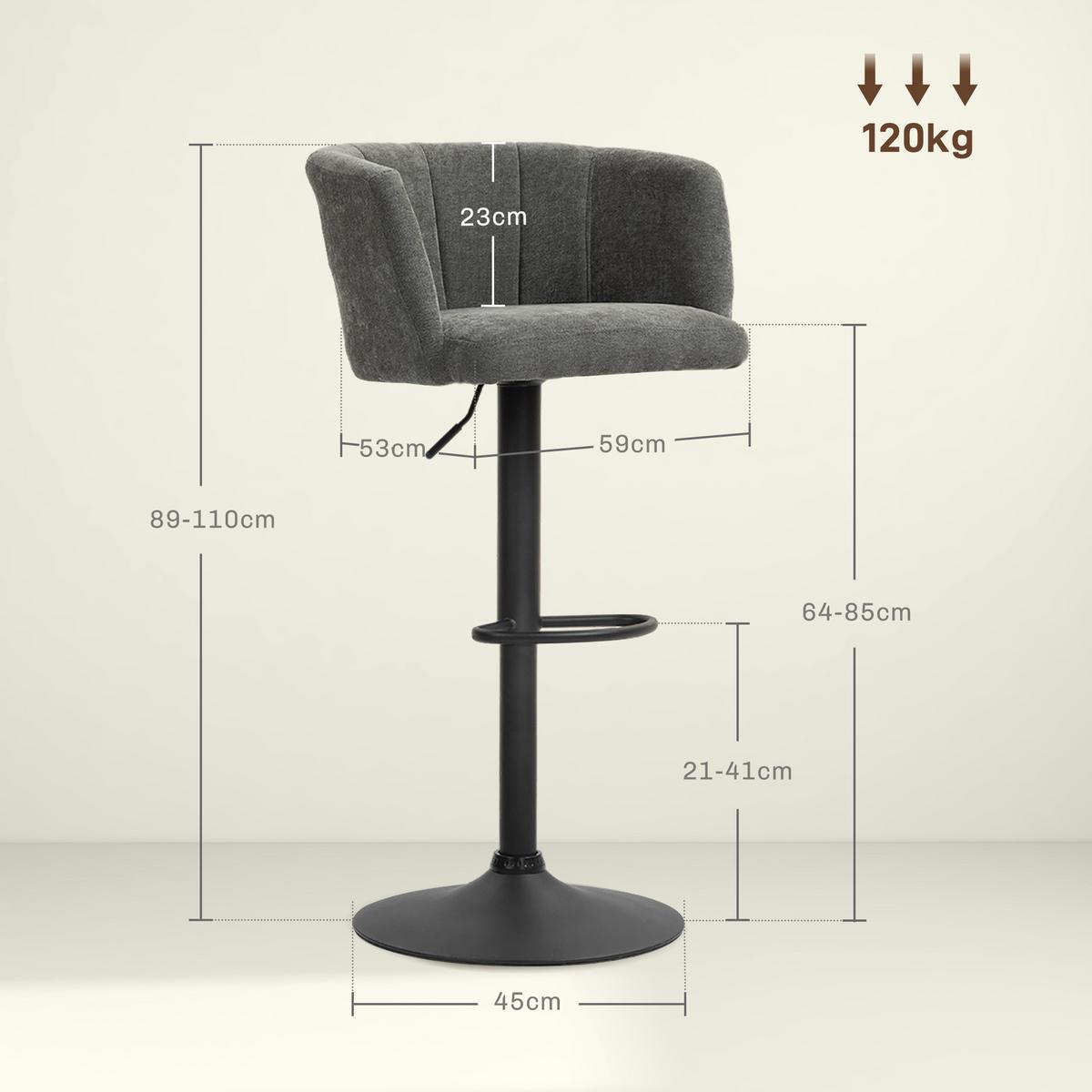 2ER-SET Barhocker, Bistrohocker mit Fußstütze, Drehbar Barstuhl Höhenverstellbar - Dunkelgrau/Schwarz, Kunststoff/Textil (53/110/59cm) - HOMCOM