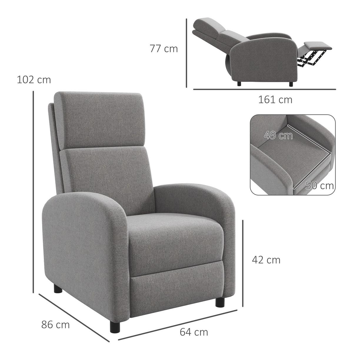 RELAXSESSEL gepolstert Fernsehsessel mit Liegefunktion bis 120 kg Belastbar Grau - Schwarz/Grau, Kunststoff/Textil (64/102/86cm) - HOMCOM