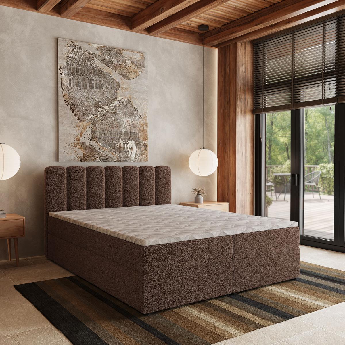 BOXBETT SOLIA 160x200 cm mit Matratze und Topper, H2+H3 - Braun - Braun, Holz (160/200cm) - MASSENO