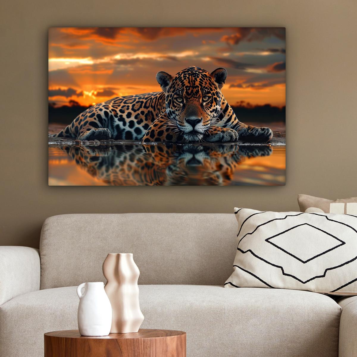 LEINWANDBILD Natur - Leopard - Tier - Sonnenuntergang - Modern Gemälde 60x40 cm - Orange, Textil (60/40cm) - MuchoWow