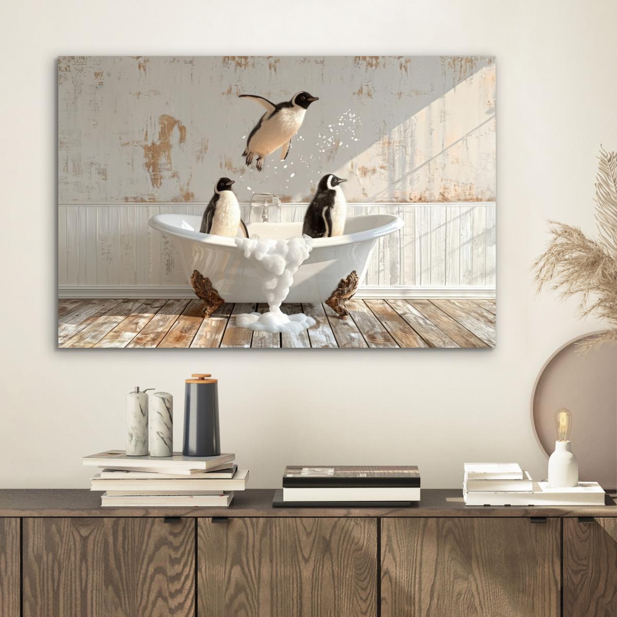 METALLBILD Vintage - Pinguin - Badewanne - Schaumstoff Wandbild 60x40 cm - Schwarz, Metall (60/40cm) - MuchoWow