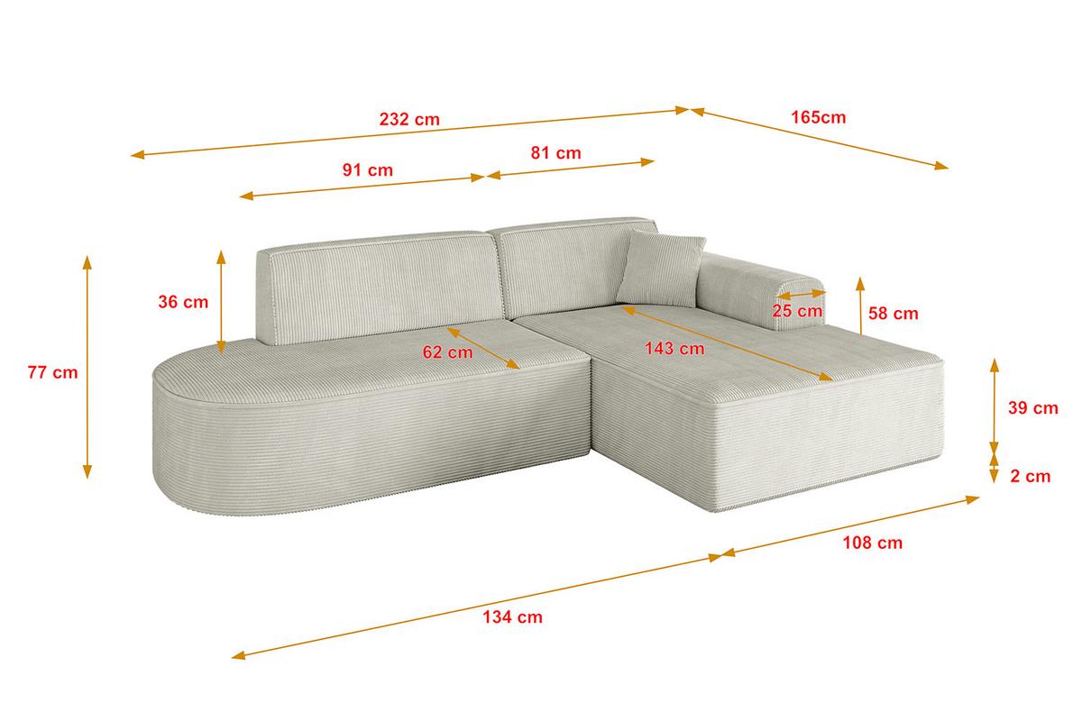 ECKSOFA Ottomane Rechts IREA-L1-v3 - 232x165x77 cm Creme - Ecru/Creme, Holzwerkstoff/Textil (232/165cm) - ALTDECOR