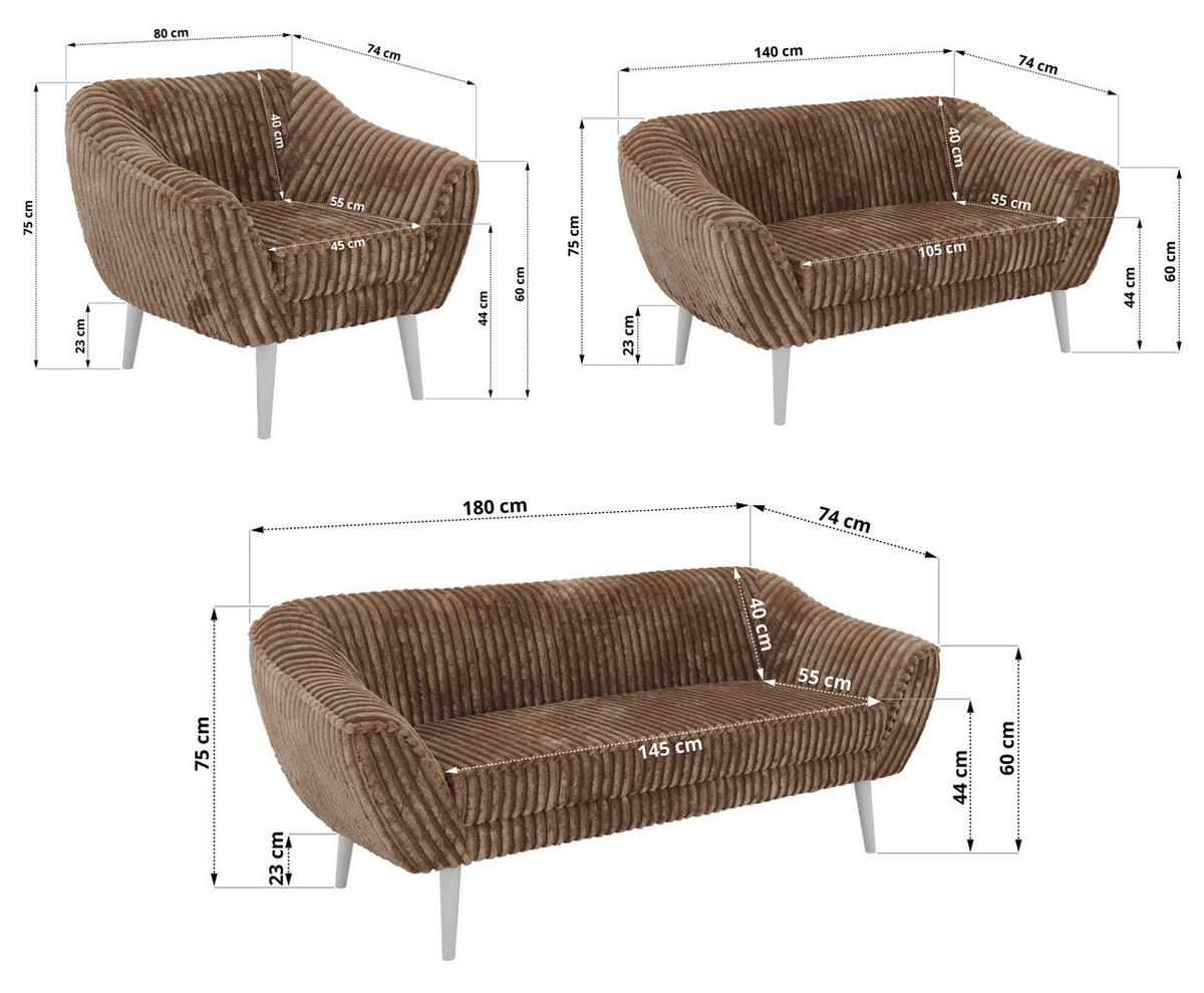 SITZGARNITUR PIRS 3+2+1 - Braun Cord - Weiße Beine - Braun/Weiß, Holzwerkstoff/Textil (180/75/74cm) - MKS