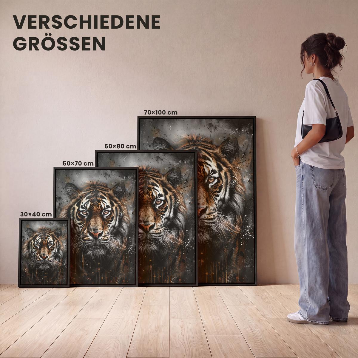 LEINWAND Bilder mit Rahmen - Tiger - Tiere - Porträt - Luxus - Schwarz - 30x40 - Braun, Textil (30/40cm) - MuchoWow