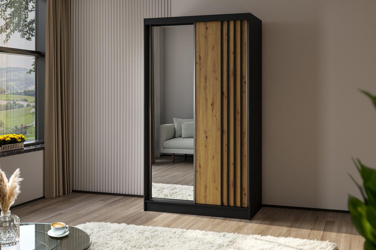 KLEIDERSCHRANK mit Spiegel-Schiebetüren und Aluminium-Leisten - NALLA - 120 cm Schwarz+Artisan+Schwarz - Schwarz/Eiche Artisan, Holzwerkstoff (120/216/61cm) - ALTDECOR