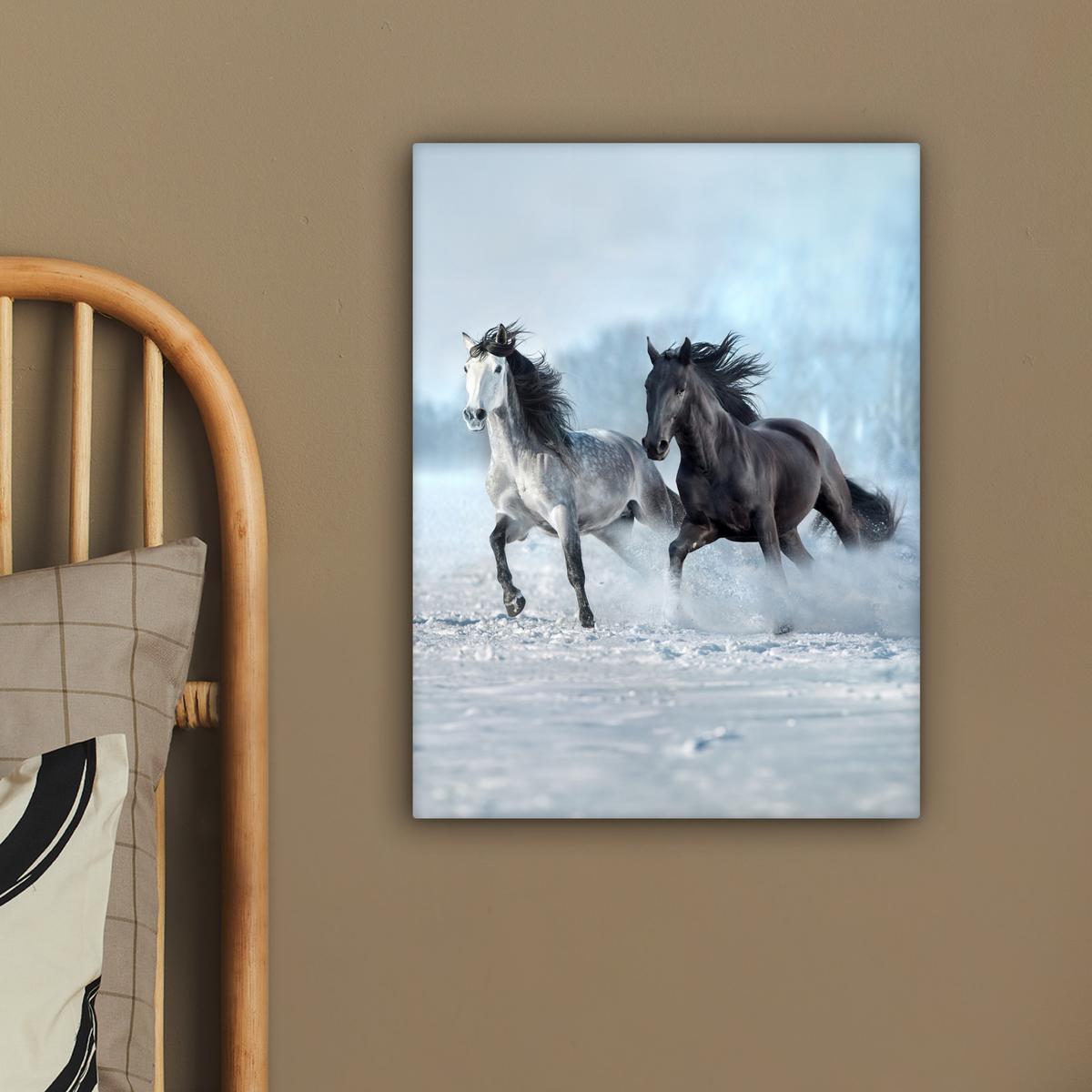 LEINWANDBILD Pferde - Winter - Tiere - Natur - Schnee Room Decor 30x40 cm - Anthrazit, Textil (30/40cm) - MuchoWow