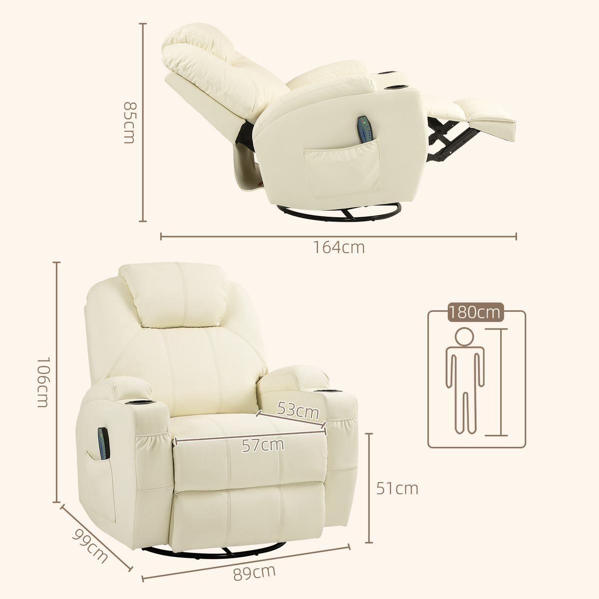 RELAXSESSEL mit Massagefunktion, Elektrisch Fernsehsessel mit Liegefunktion - Creme/Schwarz, Leder/Kunststoff (99/106/89cm) - HOMCOM
