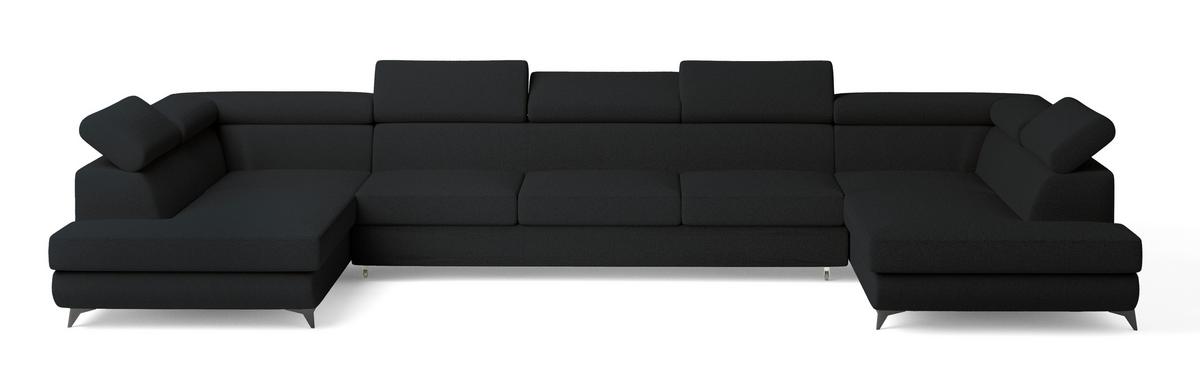 WOHNLANDSCHAFT URMANO Schwarz Boucle-Stoff mit Schlaffunktion - Schwarz, Holz (395/89/190cm) - MASSENO