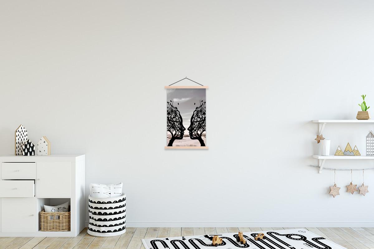 POSTER MIT MAGNETLEISTEN Strand - Meer - Menschen - Baum - Moderne Kunst Deko Wohnzimmer 40x60 cm - Hellgrau, Textil (40/60/0.15cm) - MuchoWow