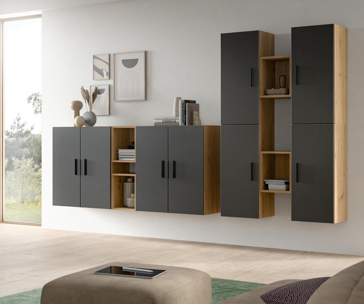 WOHNWAND grau, Eiche Artisan 259 x 184 cm, Wohnkombination hängend / stehend - Schwarz/Eiche Artisan, Holzwerkstoff/Kunststoff (259/151/34cm) - Inn.Furn