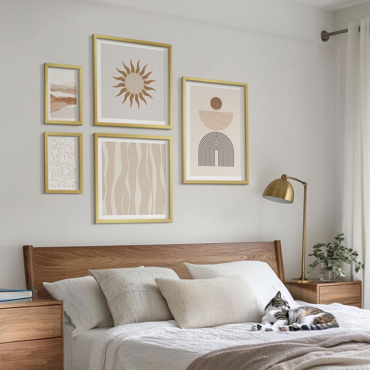 BILDER SET 5er Set - 50x50 cm & 20x30 cm & 40x60 cm Goldrahmen - Abstrakte Landschafts- und Naturgeometrie - Goldfarben, Kunststoff (40/60cm) - TULUP