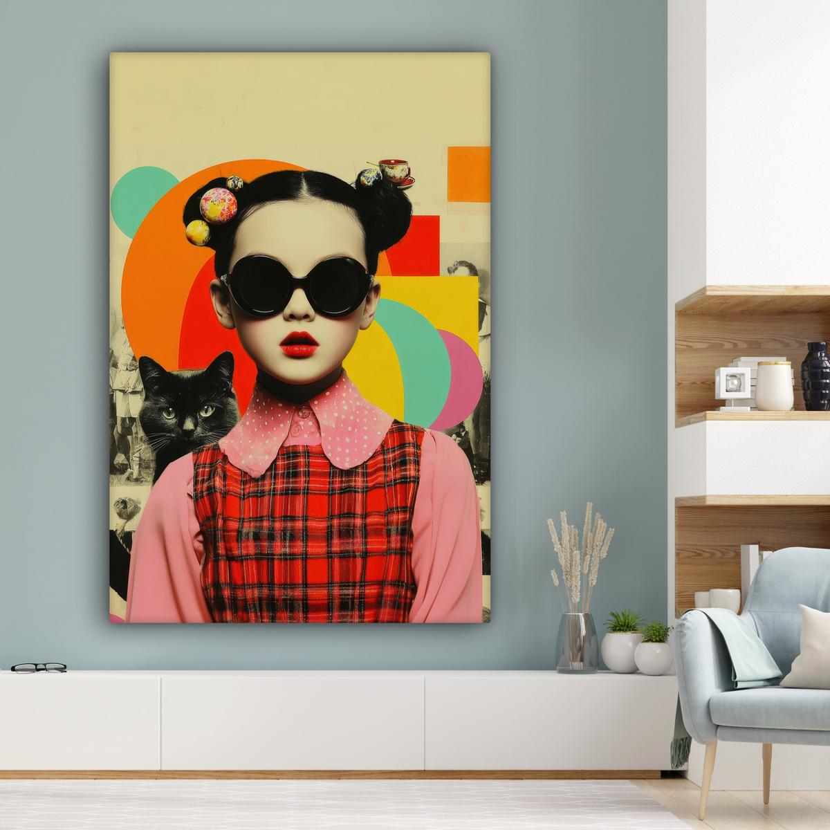 LEINWANDBILD Mädchen - Sonnenbrille - Katze - Retro Deko Groß 90x140 cm - Beige, Textil (90/140cm) - MuchoWow