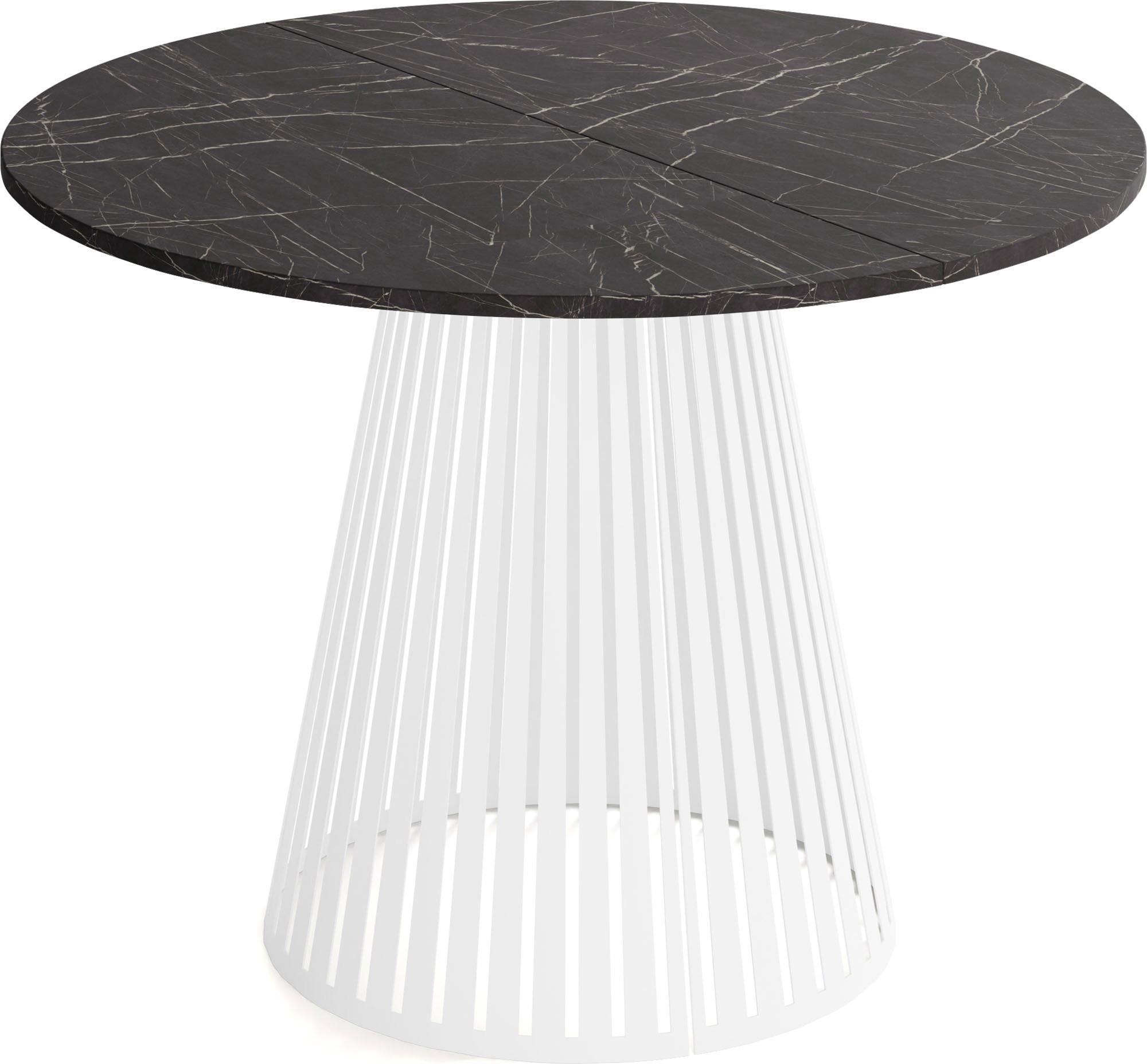 ESSTISCH Naro rund ausziehbar mit Weißem Lamellen-Metallgestell, Marmor Schwarz 120-200/120/76 cm - Anthrazit/Weiß, Holzwerkstoff/Metall (120/196/76cm) - WFL GROUP