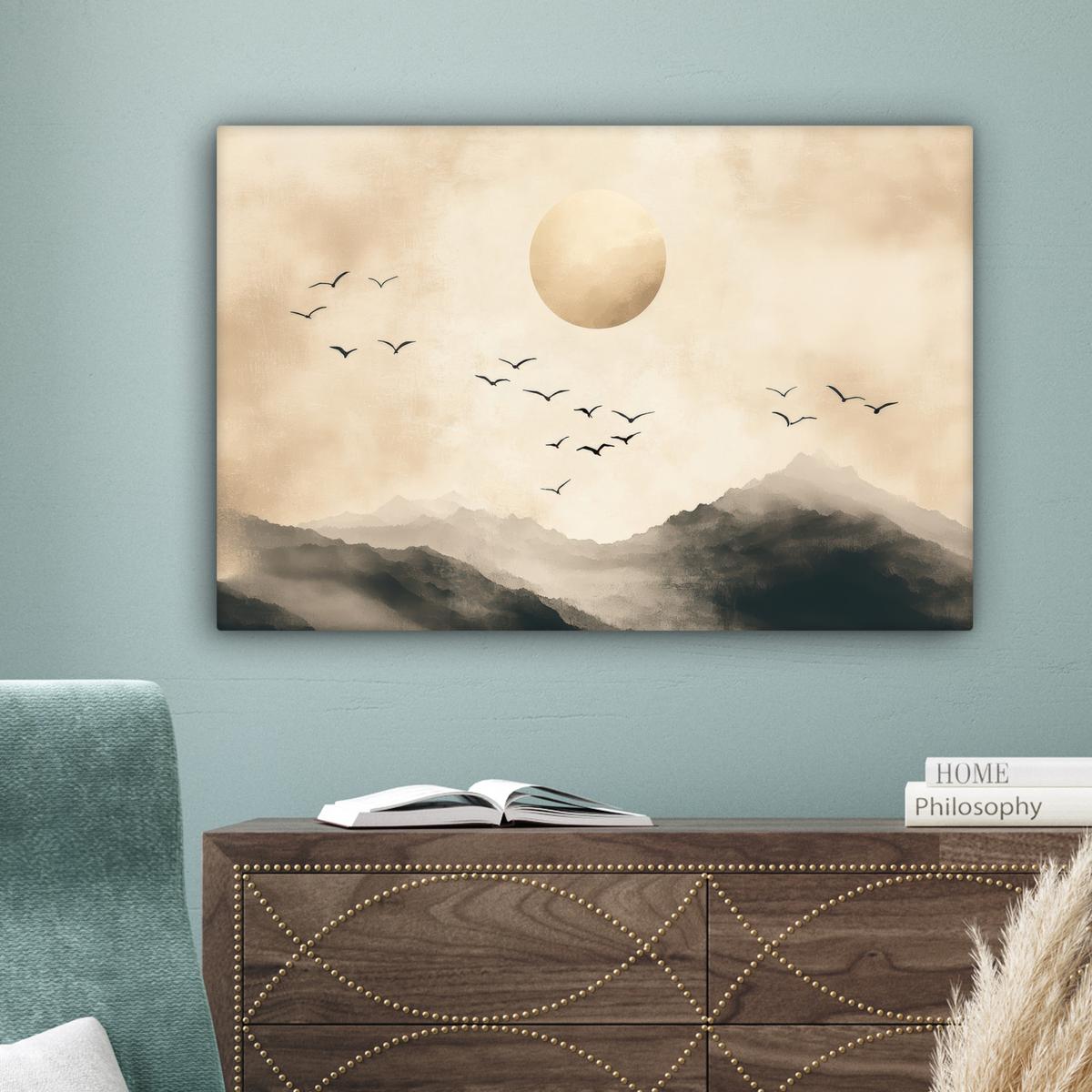 LEINWANDBILD Landschaft - Japandi - Vogel Gemälde 60x40 cm - Beige, Textil (60/40cm) - MuchoWow