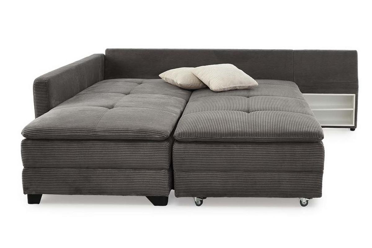 ECKSOFA-DAUERSCHLÄFER Doppelbett Boxspring Federkern Topper, seitenverkehrt montierbar B306/T223/H95 cm, Cord Dunkelgrau / 15163 - Dunkelgrau/Schwarz, Kunststoff/Textil (306/223cm) - luma-home