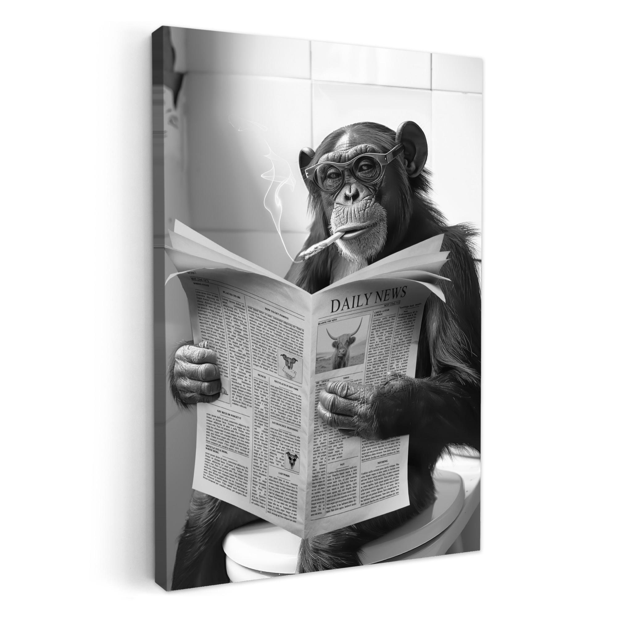 LEINWANDBILD Affe - WC - Zeitung - Schwarz-Weiß - Humor Deko XXL 80x120 cm - Hellgrau, Textil (80/120cm) - MuchoWow