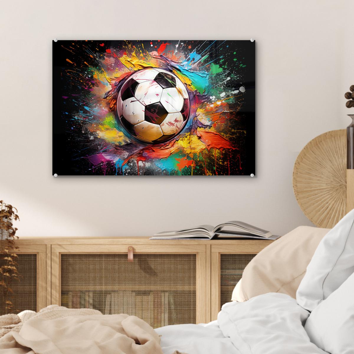 ACRYLGLASBILD Fußball - Farbe - Farben - Schwarz - Weiß Wanddeko 60x40 cm - Weiß, Glas (60/40cm) - MuchoWow