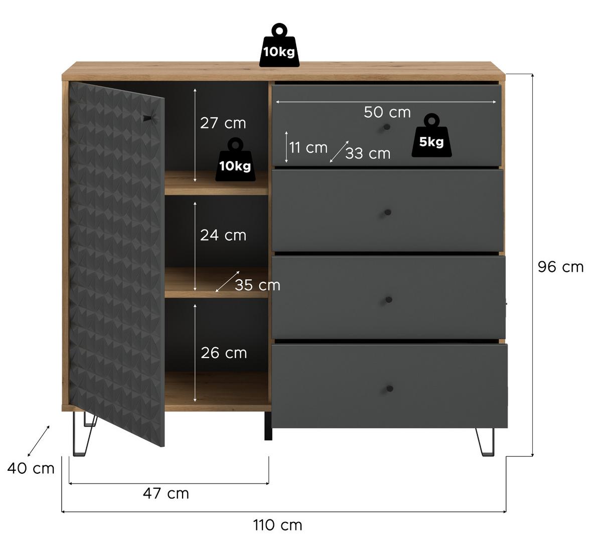 KOMMODE grau, Eiche Artisan 110 x 96 cm, Sideboard mit 3D-Struktur - Schwarz/Eiche Artisan, Holzwerkstoff/Kunststoff (110/96/40cm) - Inn.Furn