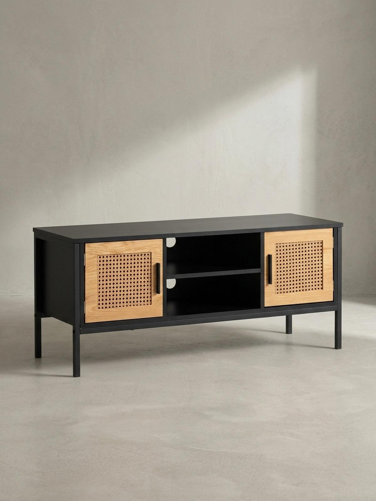 LOWBOARD Schwarz Eiche-Dekor Zeitloser Stil 110x48x40 cm mit Wiener Geflecht und Türen - Schwarz, Holzwerkstoff/Metall (110/48/40cm) - KADIMA DESIGN