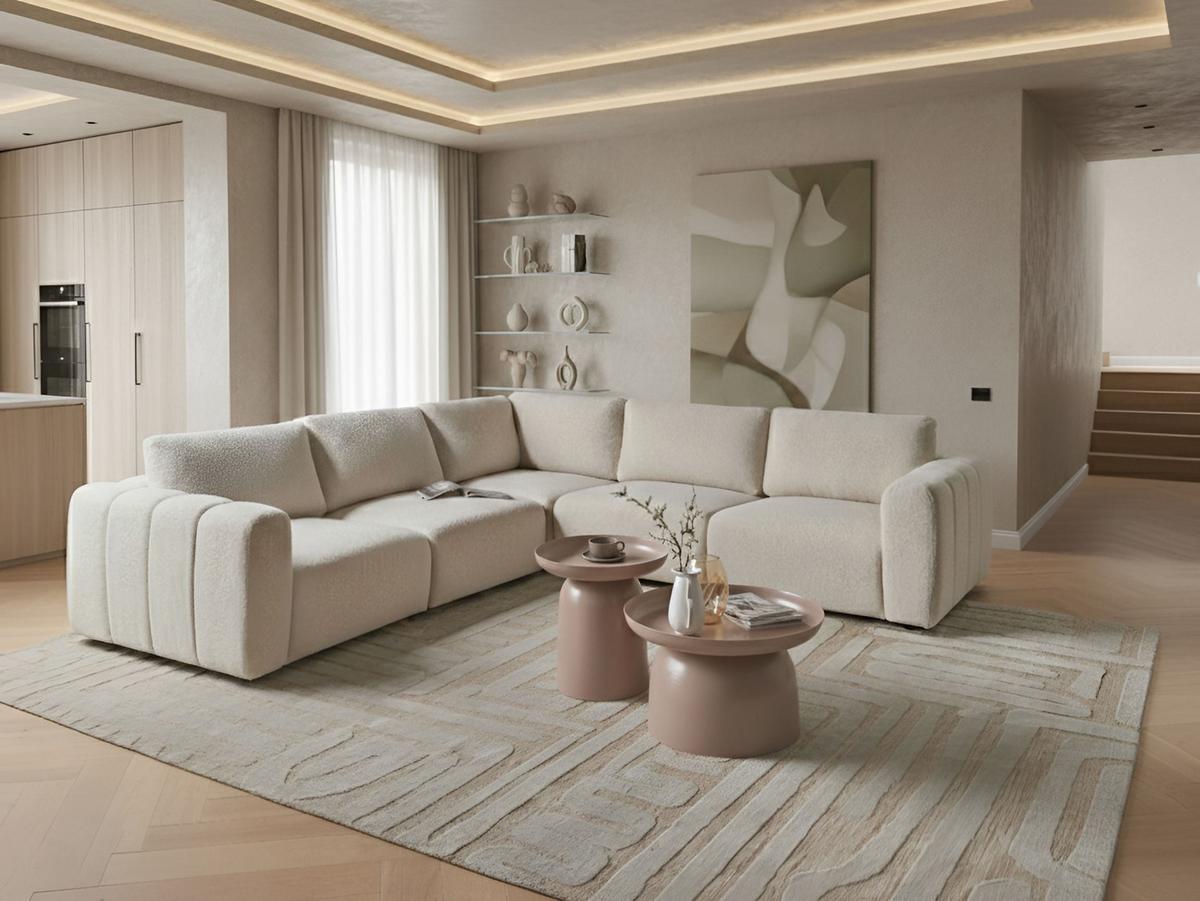 ECKSOFA Modul 5-Sitzer Bouclé Cremeweiß rechtsseitig Kivvik - Creme, Textil (287/100cm) - Beliani