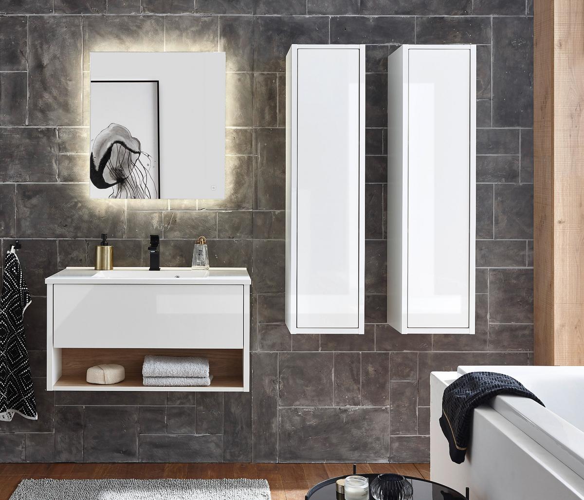 BADMÖBEL-SET weiß Hochglanz, Eiche mit Waschbecken und LED Beleuchtung 160 cm - Weiß Hochglanz/Eichefarben, Glas/Holzwerkstoff (160/190/47cm) - Furn.Design