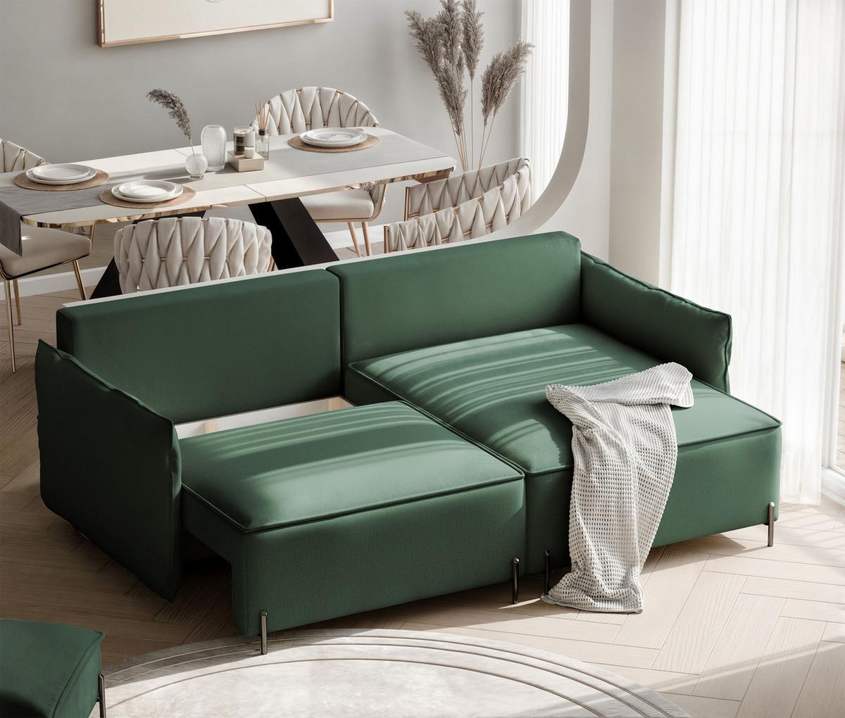 ECKSOFA MARCO Rechts, mit Schlaffunktion und Bettkasten, Grün - Grün, Textil/Metall (221/148cm) - Idohome
