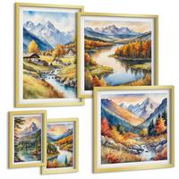 BILDER SET 5er Set - 50x50 cm & 20x30 cm & 40x60 cm Goldrahmen - Nachthimmel, Berge, Winter, Weltraum - Goldfarben, Kunststoff (40/60cm) - TULUP