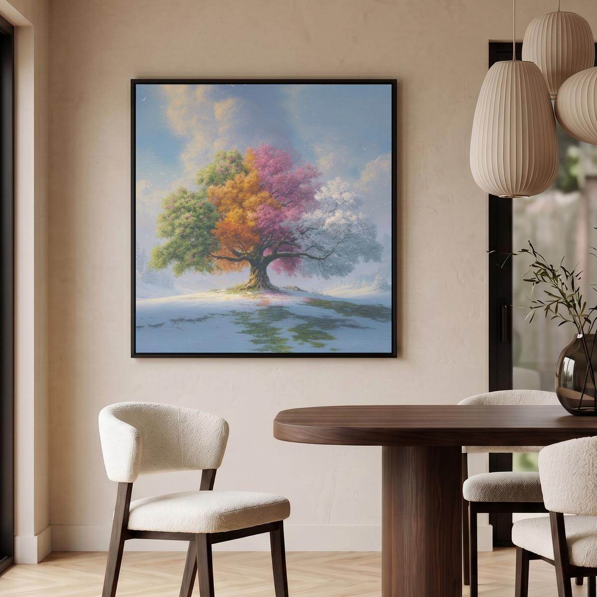 LEINWAND Bilder mit Rahmen - Baum - Jahreszeiten - Winter - Landschaft - 90x90 - Multicolor, Textil (90/90cm) - MuchoWow