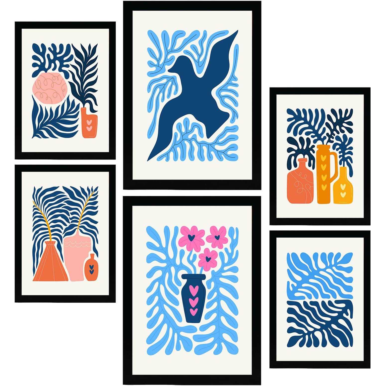 POSTER Set Mit 6 Minimalistischen Leuchtenden Farben Blaue Blätter A3 & A4 Rahmenlos - Klar, Papier (29/3cm) - Nacnic