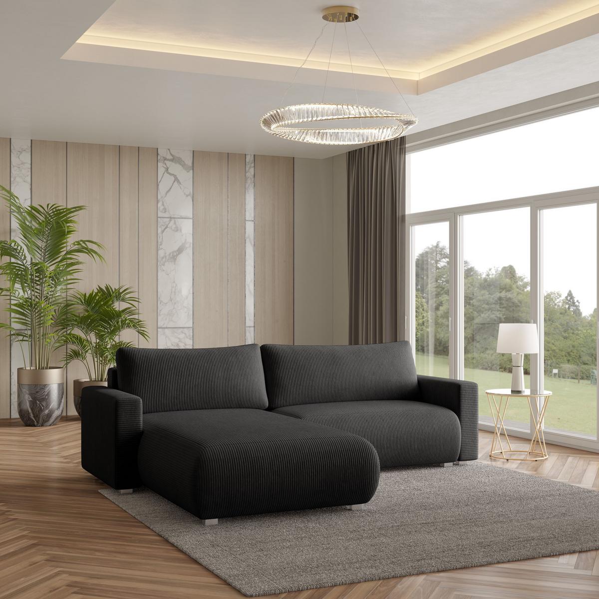 ECKSOFA TURIN P Schwarz Kordstoff mit Schlaffunktion - Schwarz/Grau, Holz/Kunststoff (265/183cm) - MASSENO