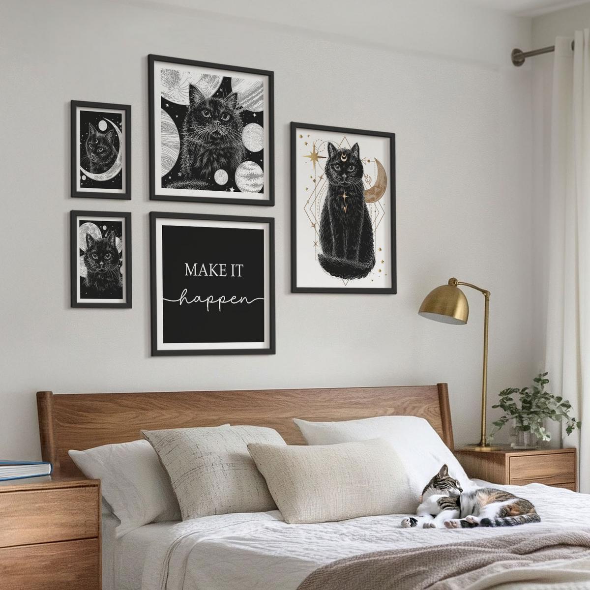 BILDER SET 5er Set - 50x50 cm & 20x30 cm & 40x60 cm Schwarzer Rahmen - Schwarze Katzen, Mond, Planet - Schwarz, Kunststoff (40/60cm) - TULUP