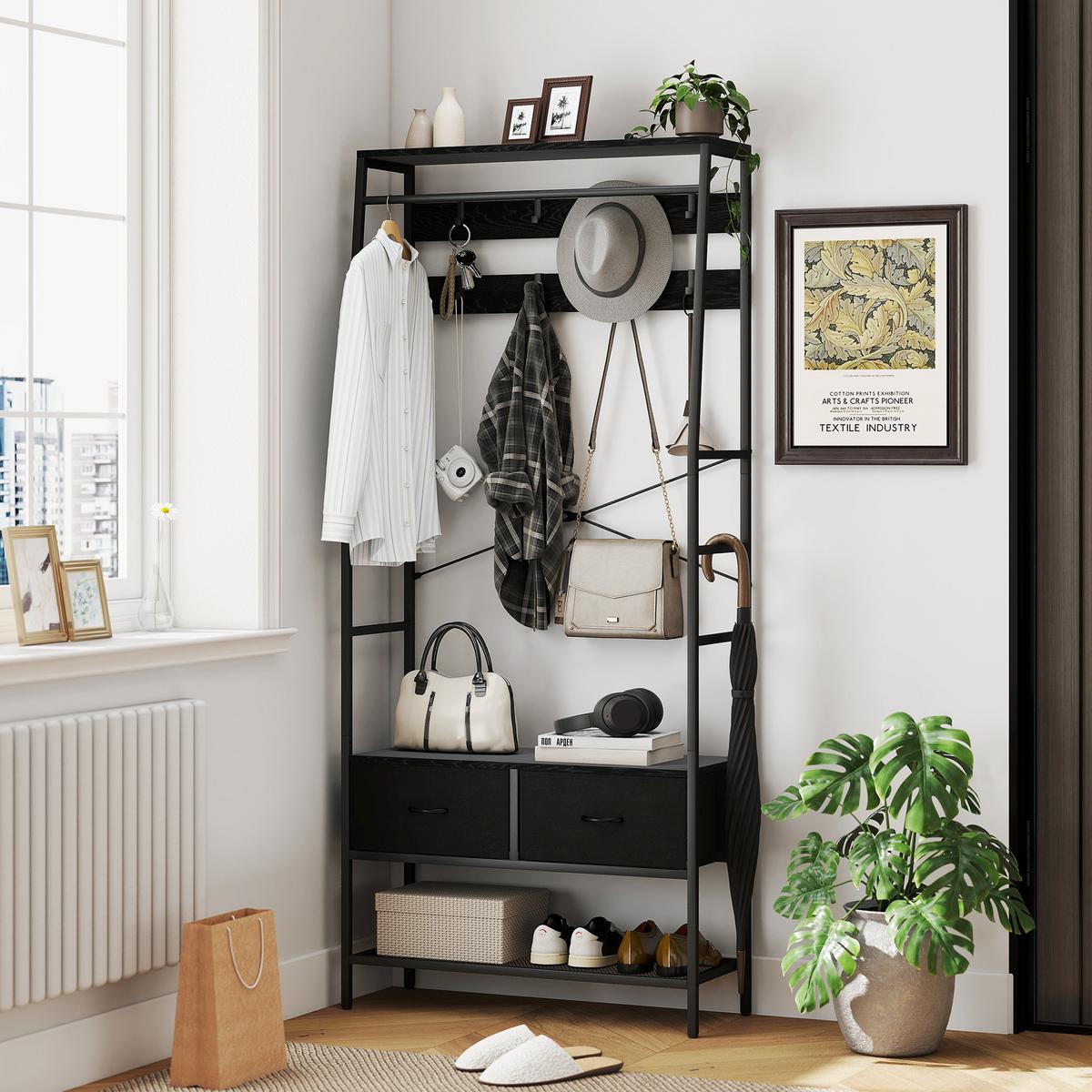 GARDEROBENSTÄNDER, Kleiderständer mit Schuhregal, 2 Schubladen, Garderobe - Schwarz, Holzwerkstoff (30/180.5/80cm) - HOMCOM